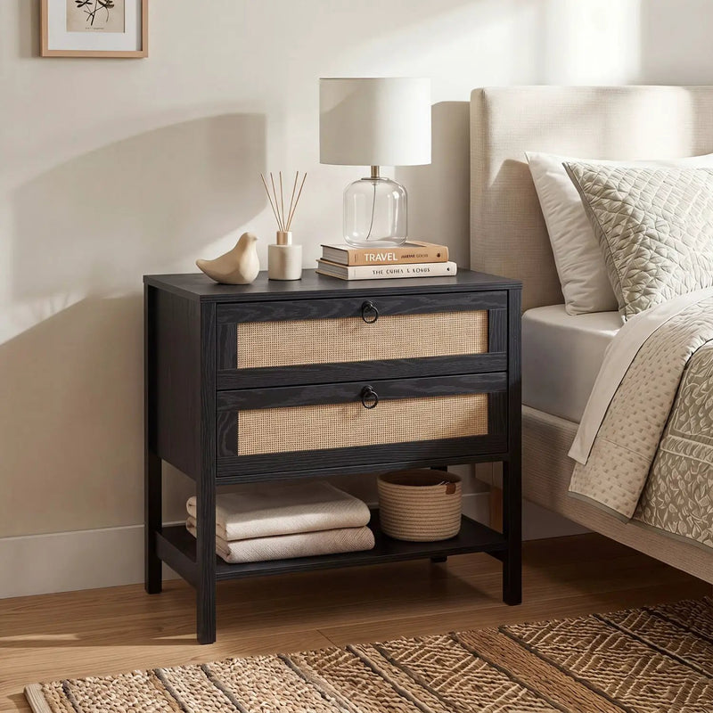 Rattan Nightstand with 2 Drawers and Open Shelf by DirectDeals
