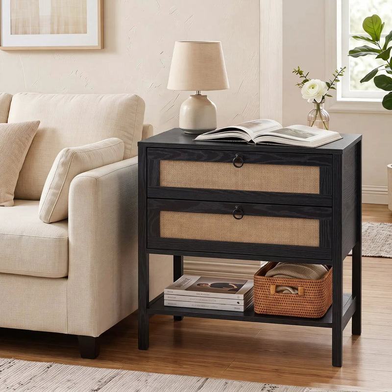 Rattan Nightstand with 2 Drawers and Open Shelf by DirectDeals