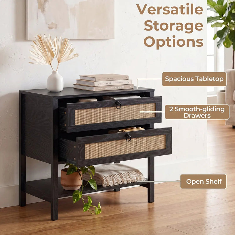 Rattan Nightstand with 2 Drawers and Open Shelf by DirectDeals