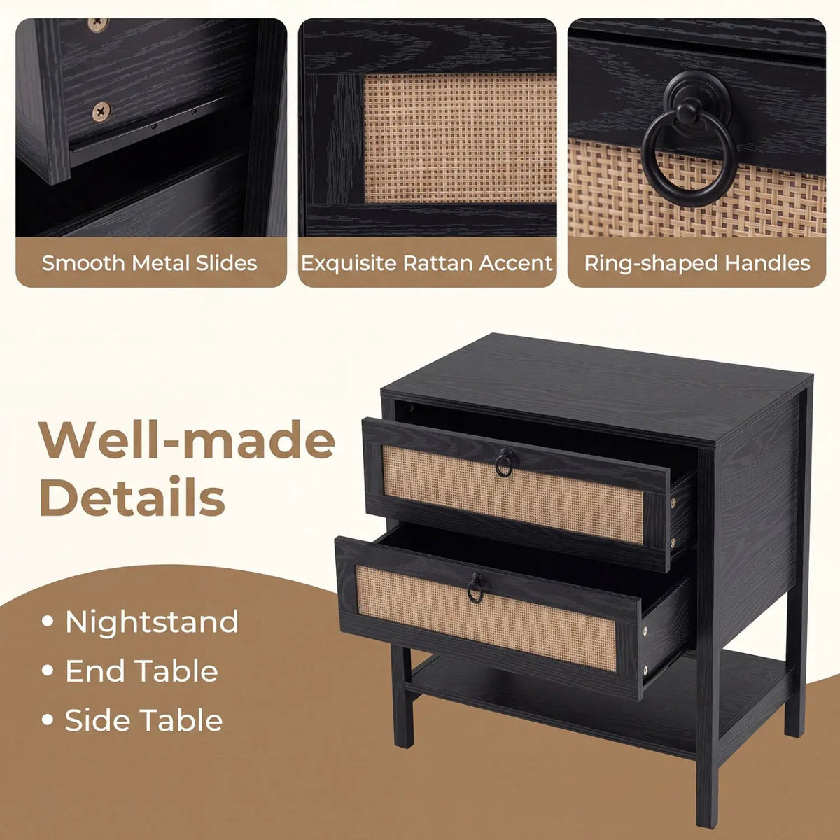 Rattan Nightstand with 2 Drawers and Open Shelf, photo 8 of 24