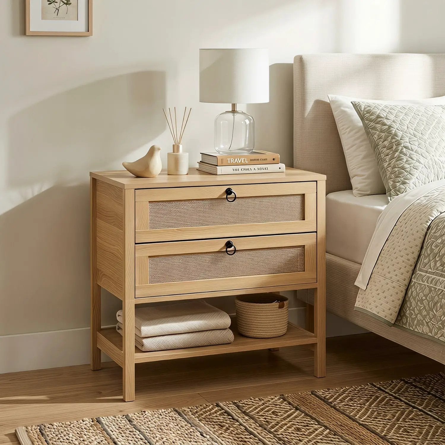 Rattan Nightstand with 2 Drawers and Open Shelf by DirectDeals
