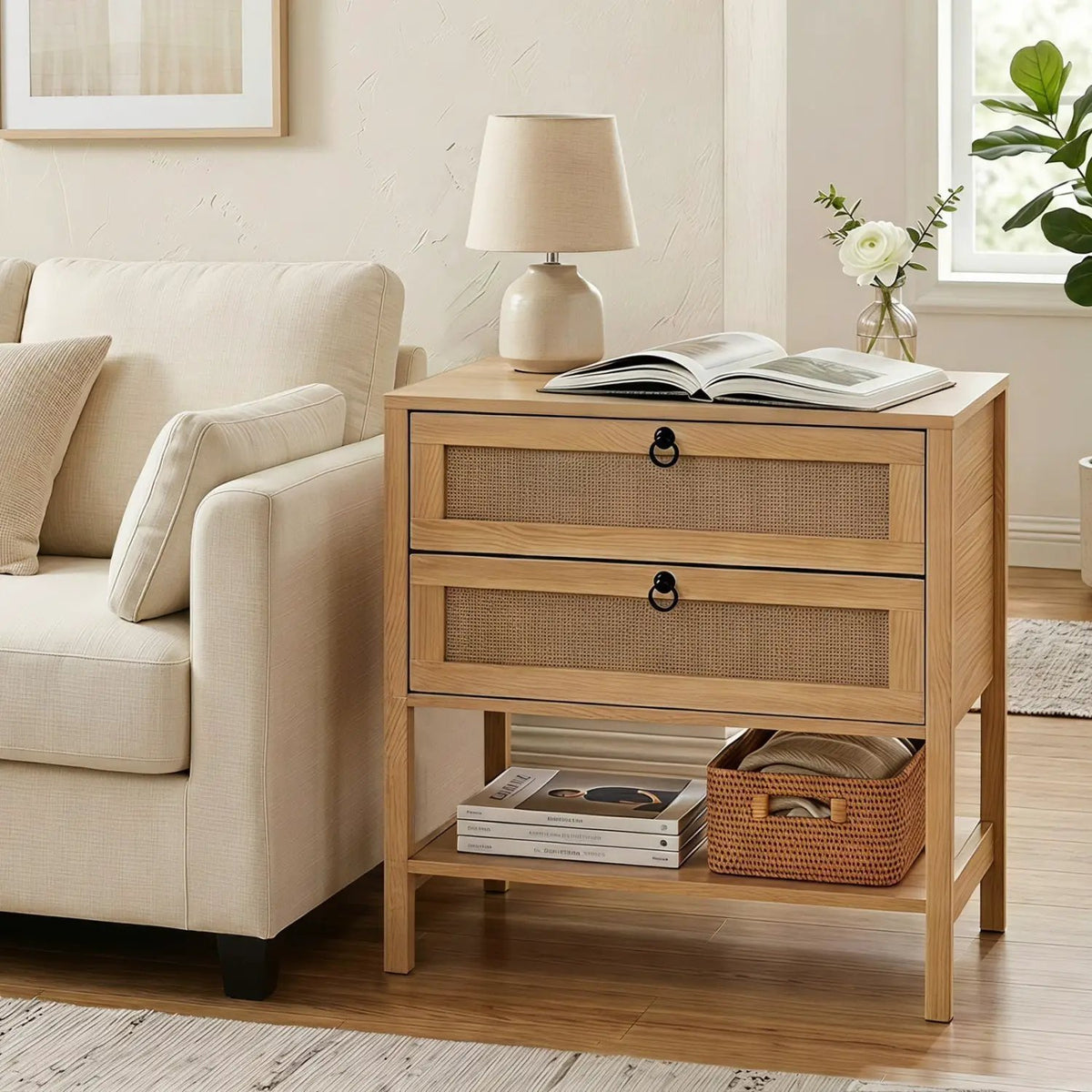 Rattan Nightstand with 2 Drawers and Open Shelf, photo 10 of 24