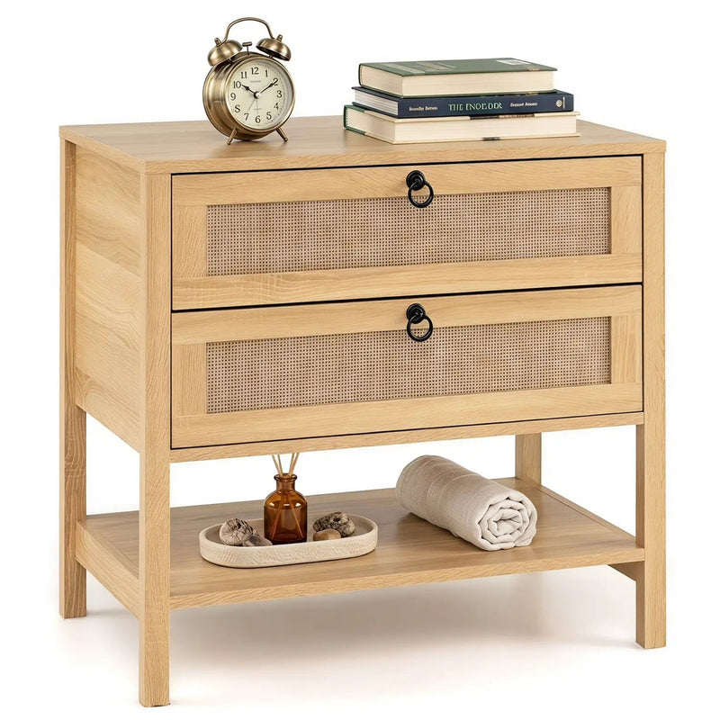 Rattan Nightstand with 2 Drawers and Open Shelf by DirectDeals