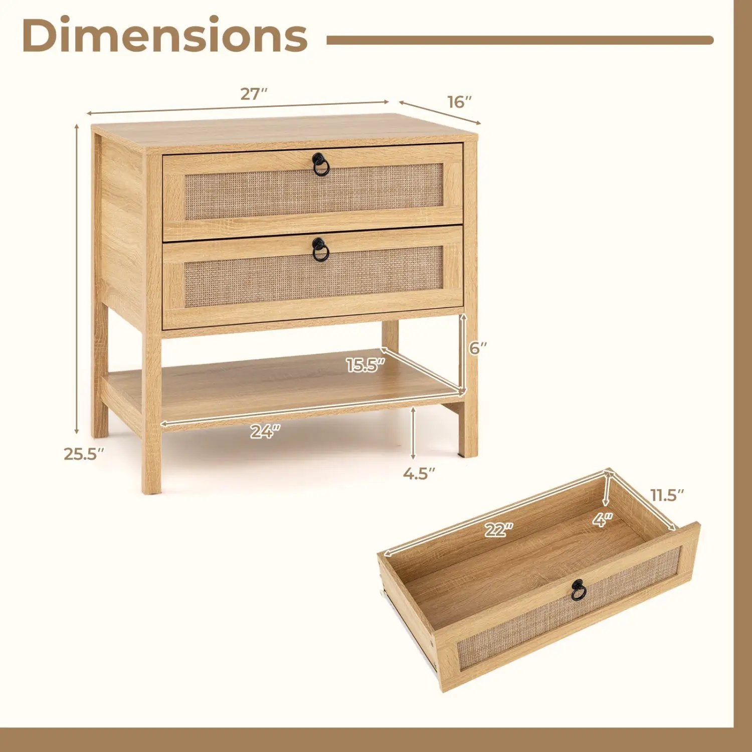 Rattan Nightstand with 2 Drawers and Open Shelf by DirectDeals