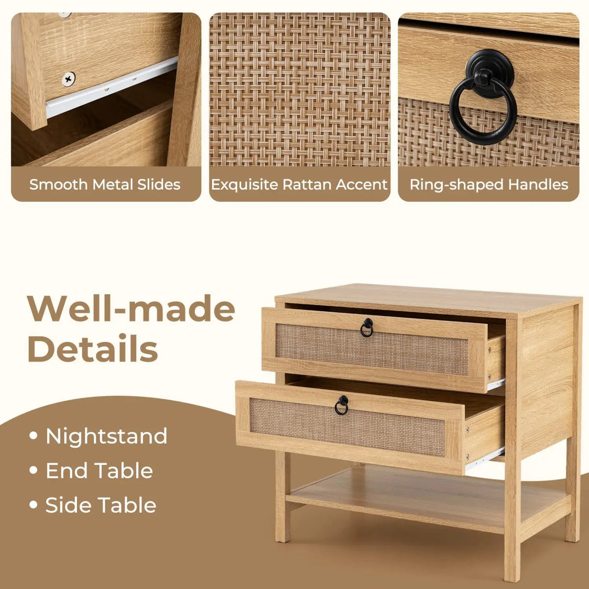 Rattan Nightstand with 2 Drawers and Open Shelf, photo 16 of 24