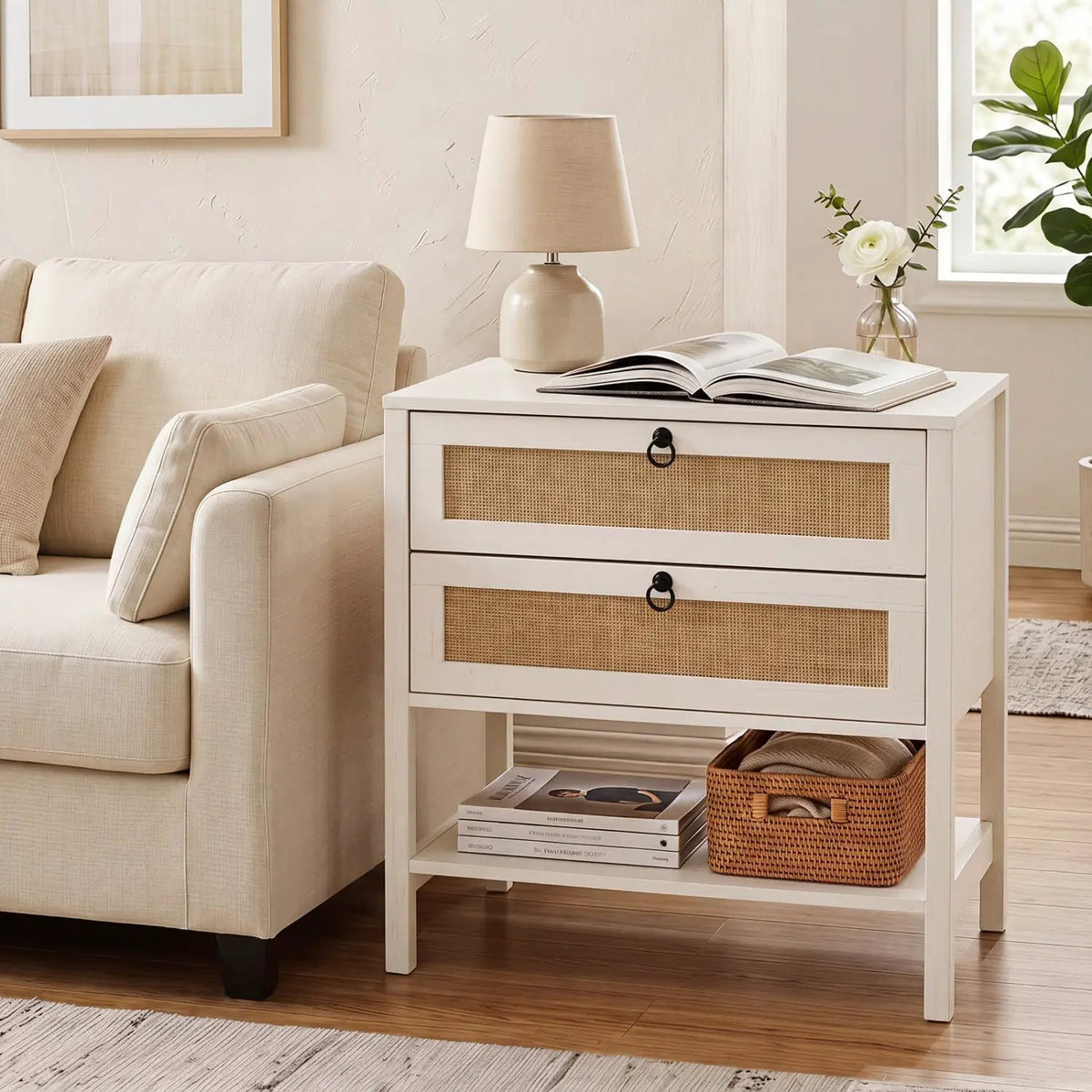 Rattan Nightstand with 2 Drawers and Open Shelf, photo 17 of 24