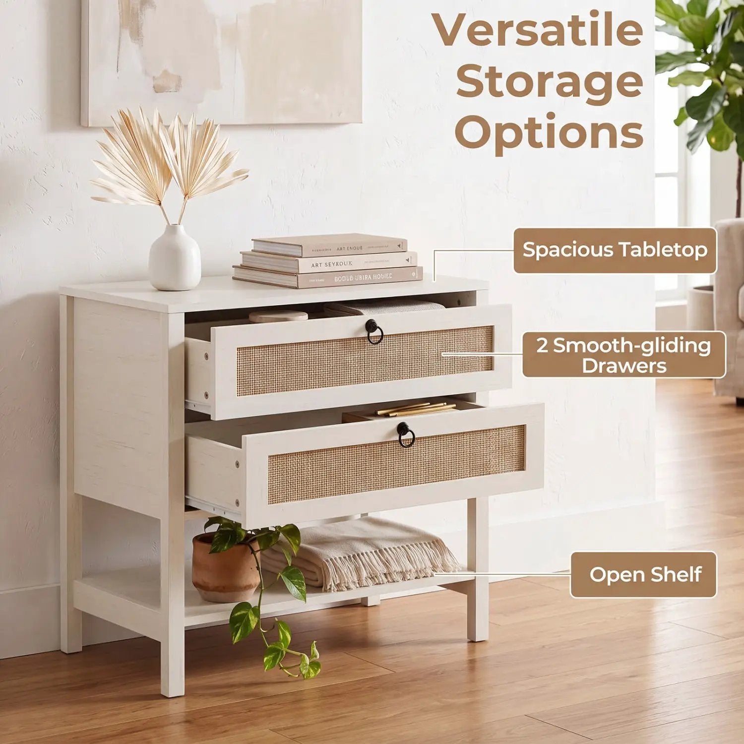 Rattan Nightstand with 2 Drawers and Open Shelf by DirectDeals
