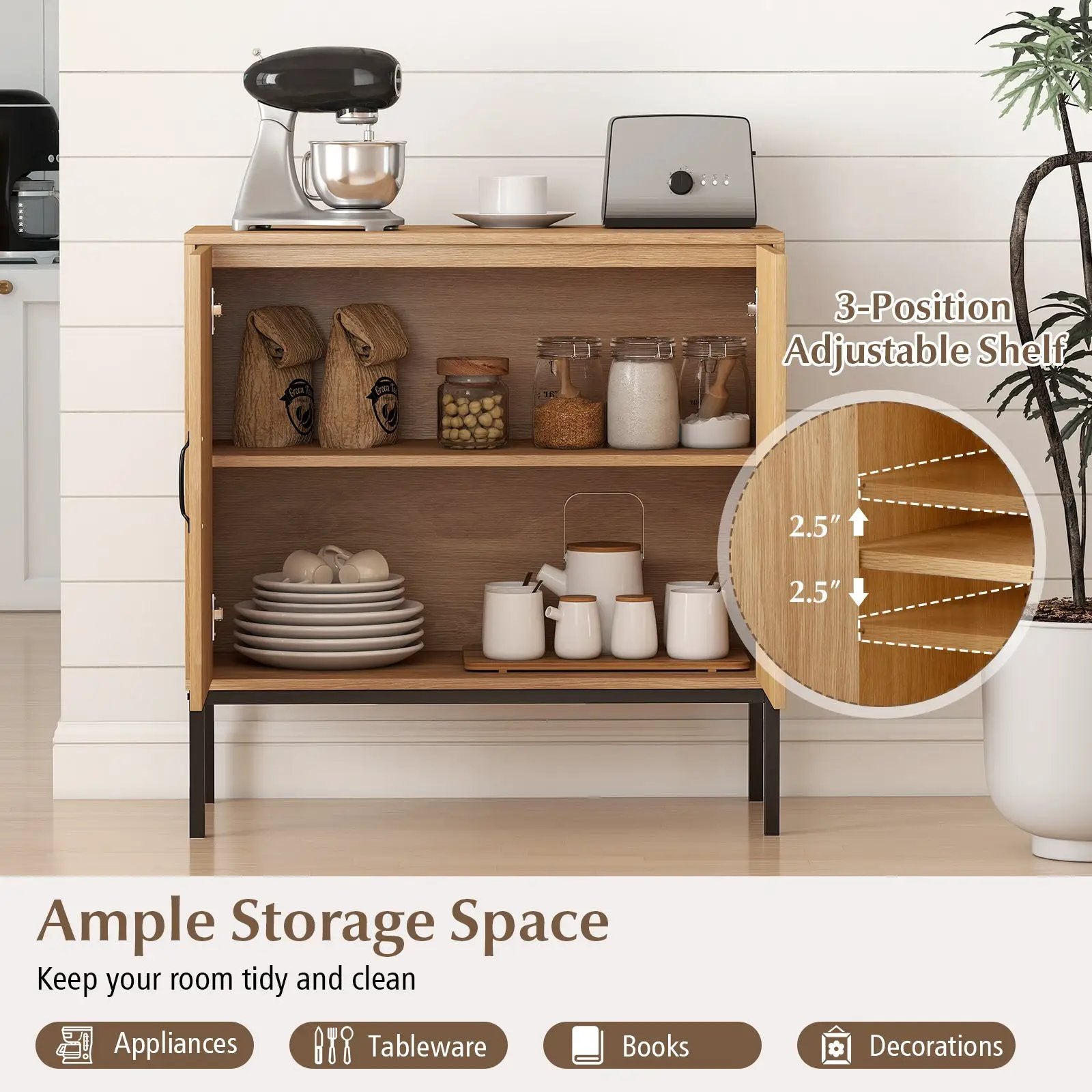 Boho Storage Cabinet with Asymmetrical Pattern Doors for Kitchen-Natural by DirectDeals