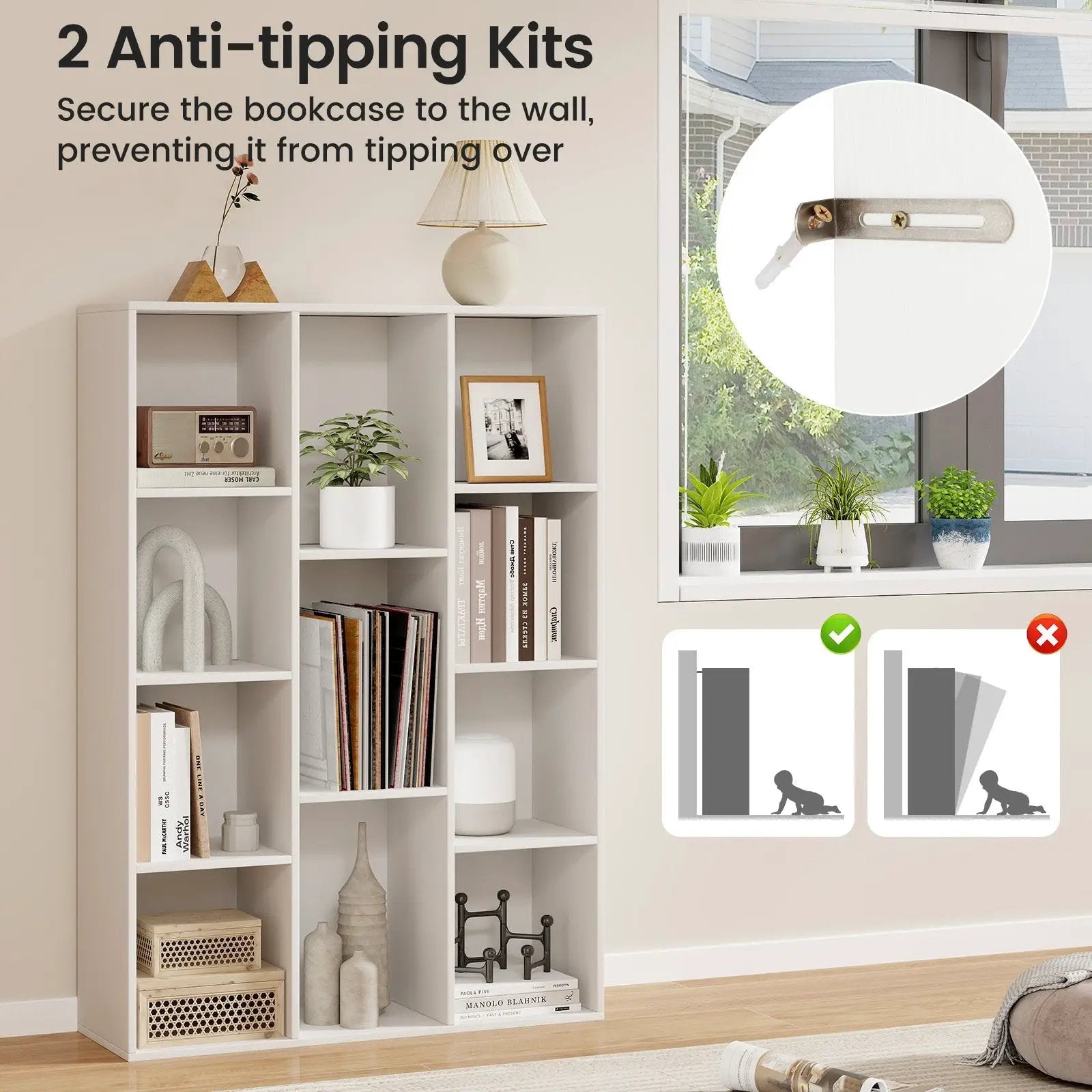 11-Cube Multifunctional Book Storage Organizer Display Cabinet with Anti-tipping Kits-White by DirectDeals