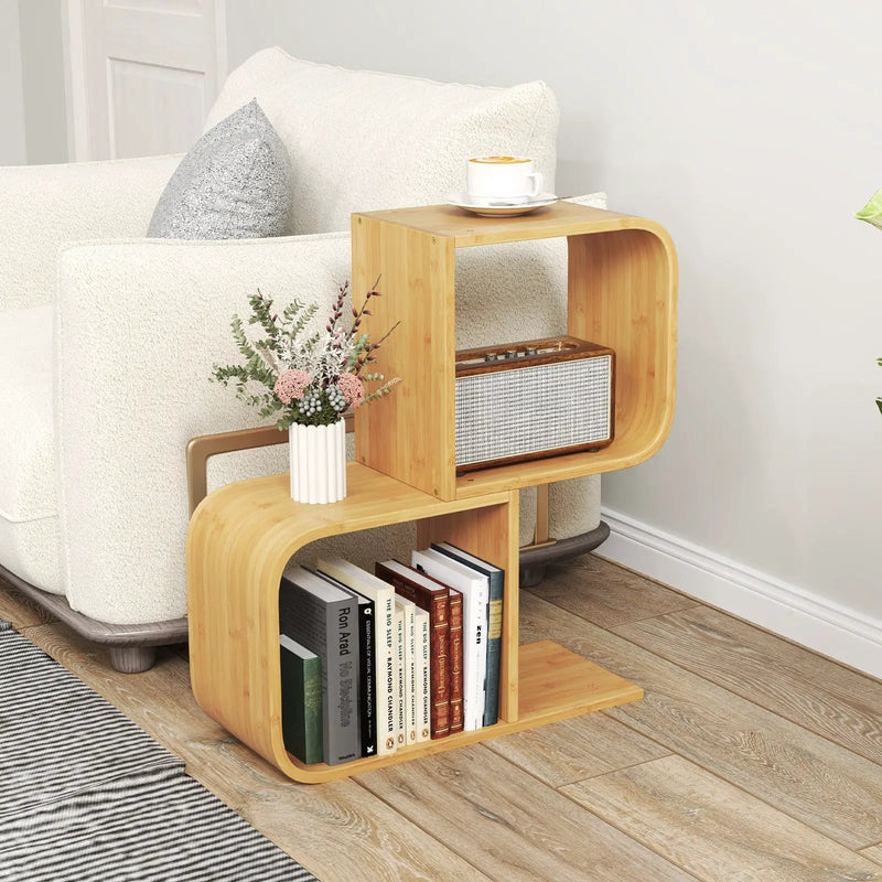 2-Tier S-Shaped Bamboo Bookcase with 2 Open Cubes for Living Room-Natural by DirectDeals