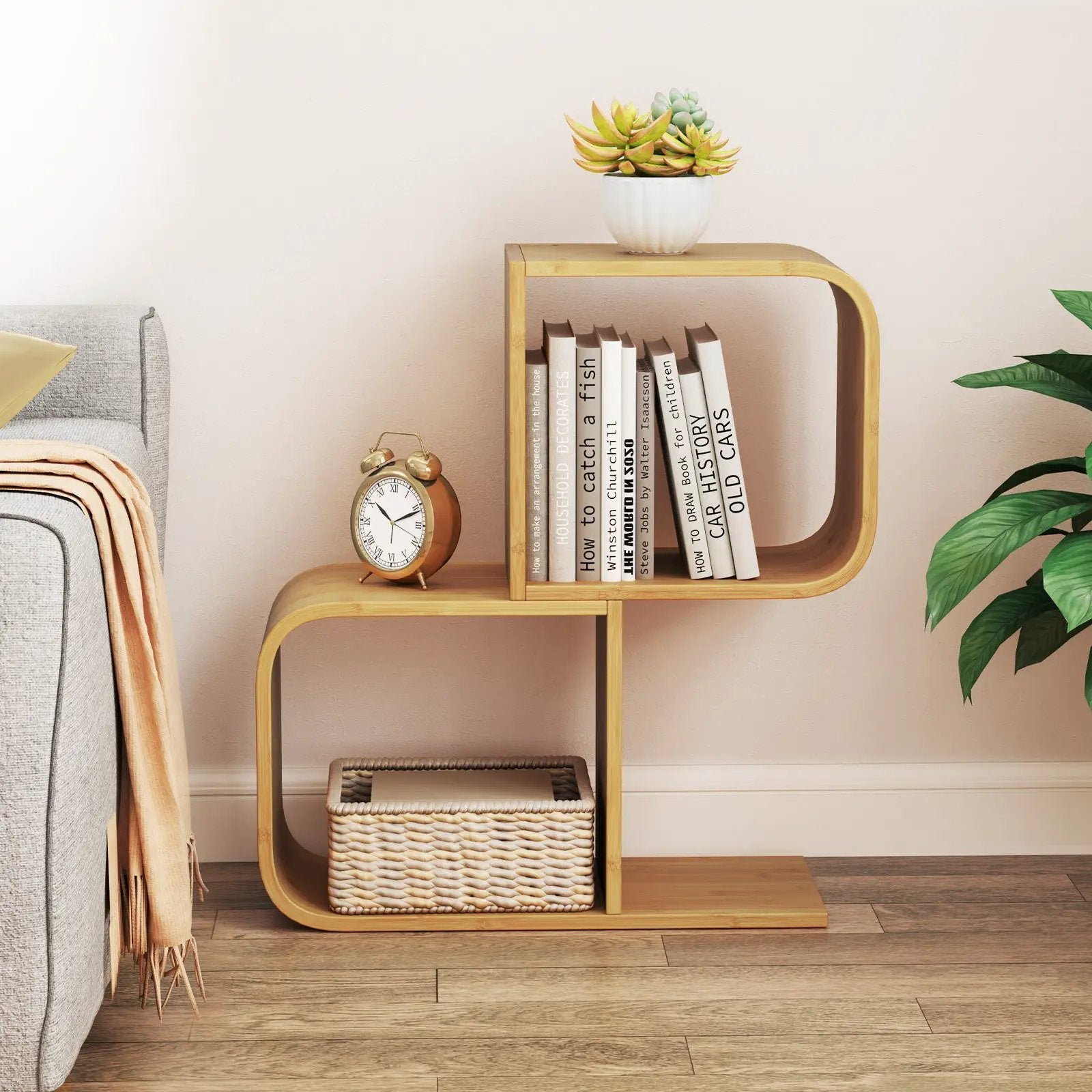 2-Tier S-Shaped Bamboo Bookcase with 2 Open Cubes for Living Room-Natural by DirectDeals