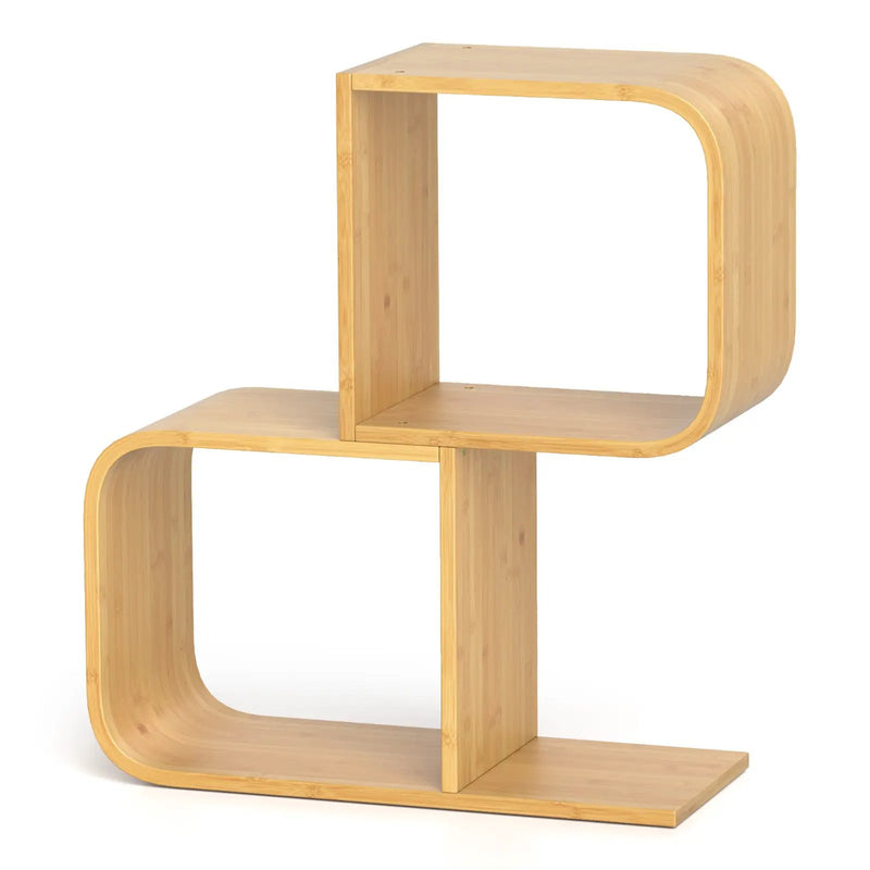 2-Tier S-Shaped Bamboo Bookcase with 2 Open Cubes for Living Room-Natural by DirectDeals