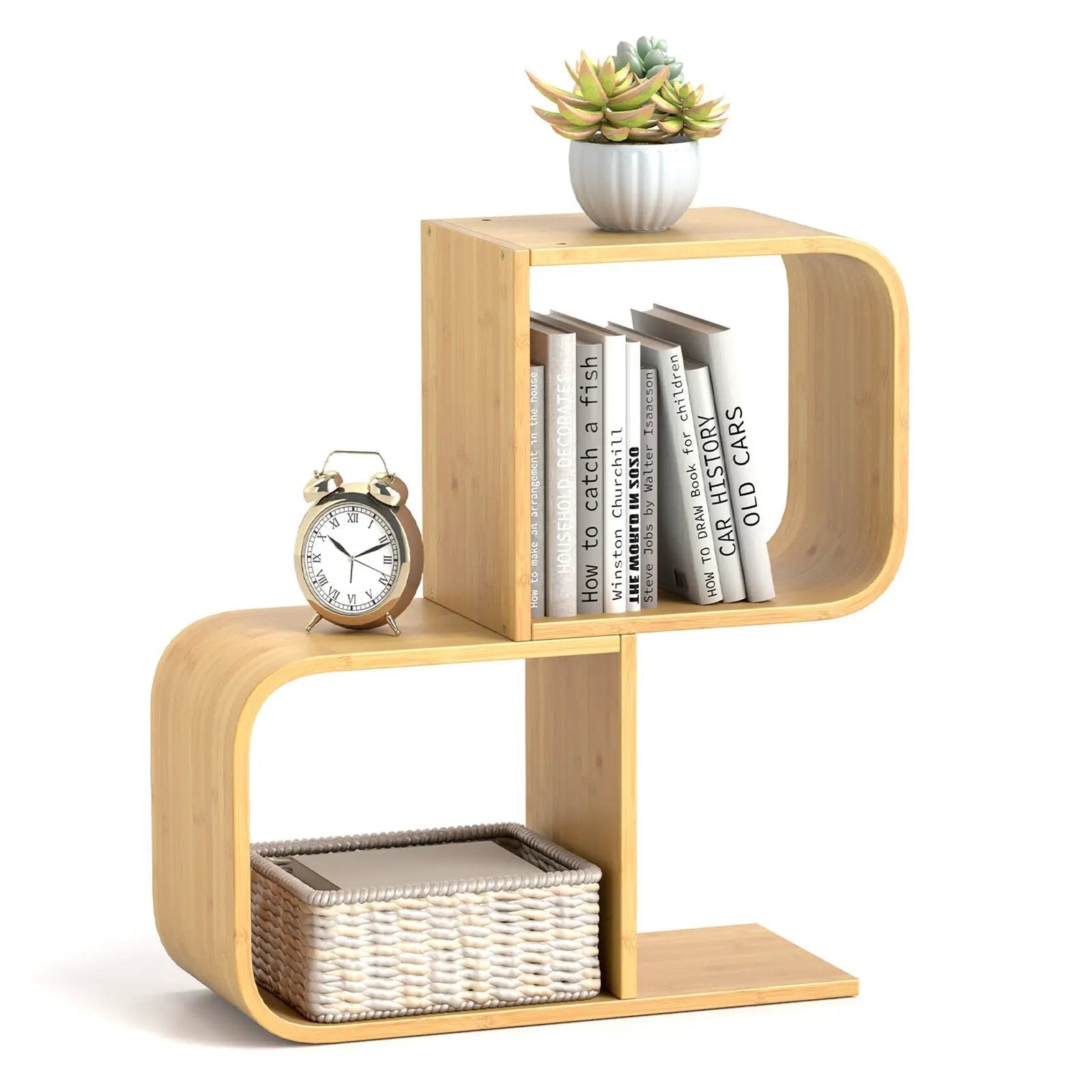 2-Tier S-Shaped Bamboo Bookcase with 2 Open Cubes for Living Room-Natural by DirectDeals