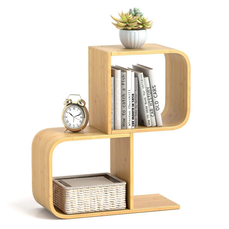 2-Tier S-Shaped Bamboo Bookcase with 2 Open Cubes for Living Room-Natural by DirectDeals