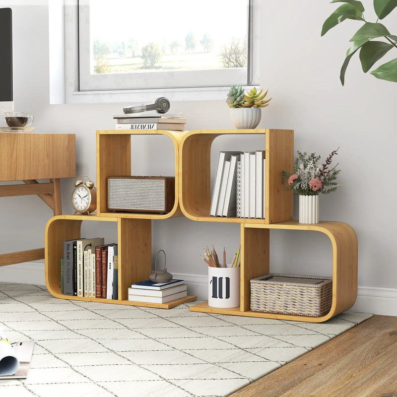 2-Tier S-Shaped Bamboo Bookcase with 2 Open Cubes for Living Room-Natural by DirectDeals