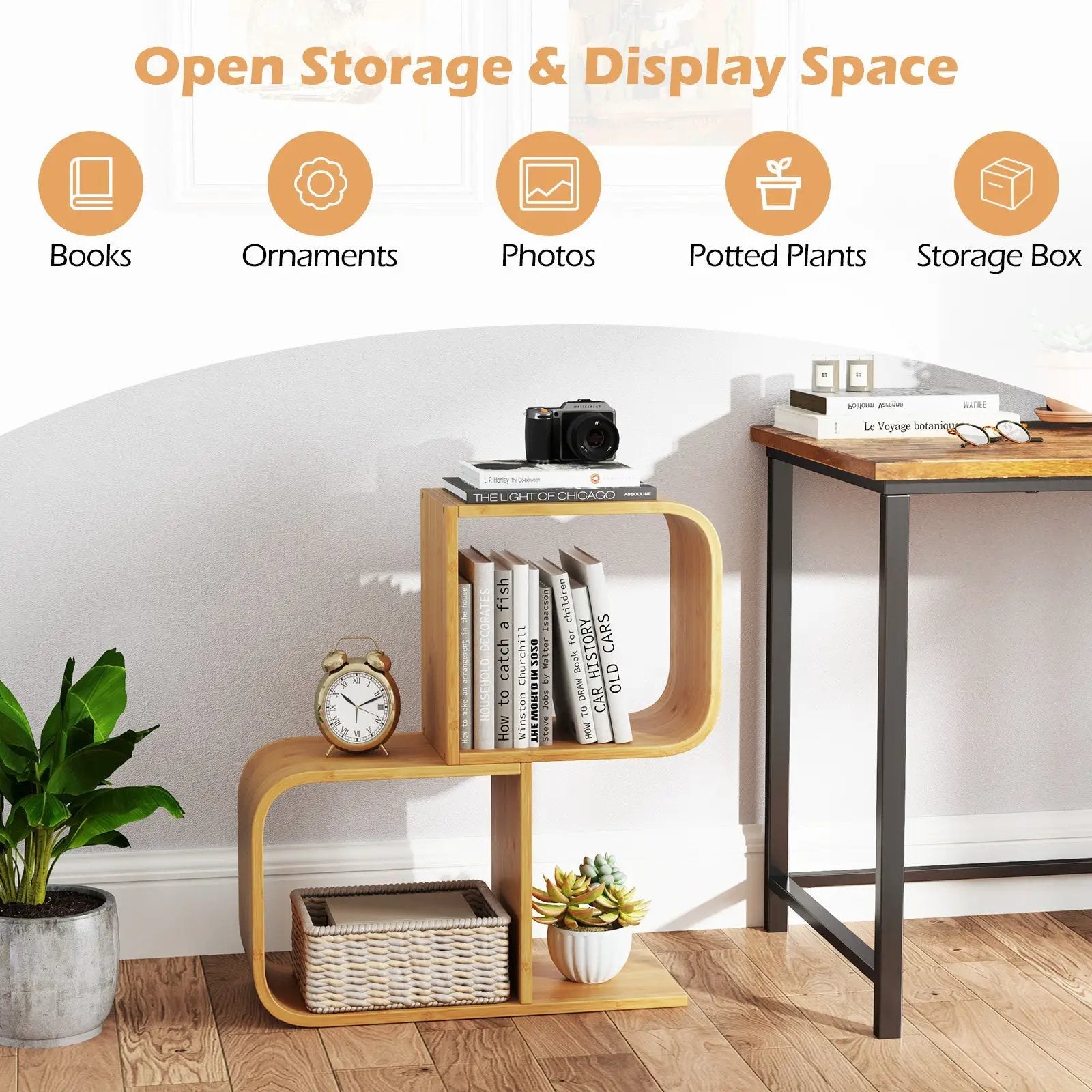 2-Tier S-Shaped Bamboo Bookcase with 2 Open Cubes for Living Room-Natural by DirectDeals