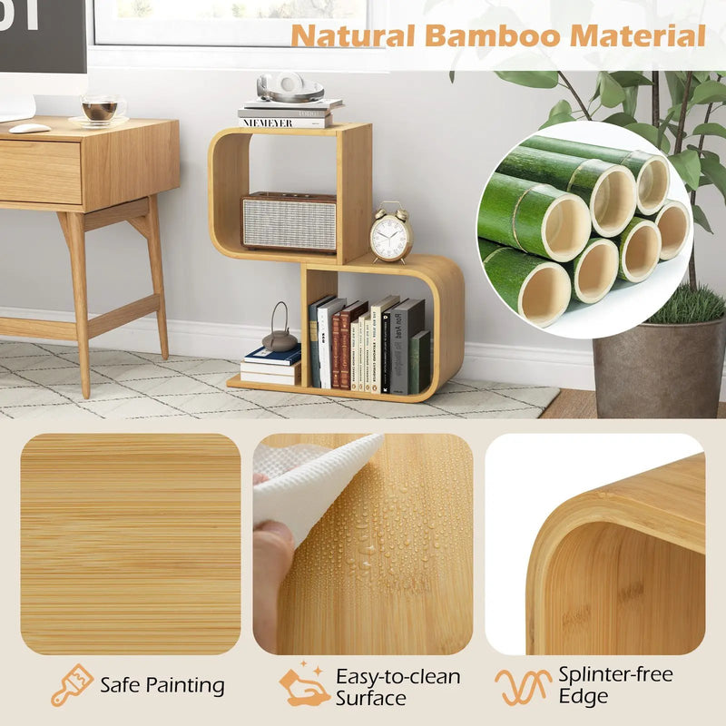 2-Tier S-Shaped Bamboo Bookcase with 2 Open Cubes for Living Room-Natural by DirectDeals