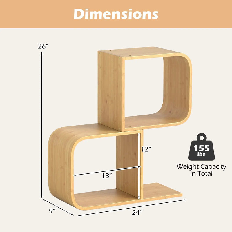 2-Tier S-Shaped Bamboo Bookcase with 2 Open Cubes for Living Room-Natural by DirectDeals