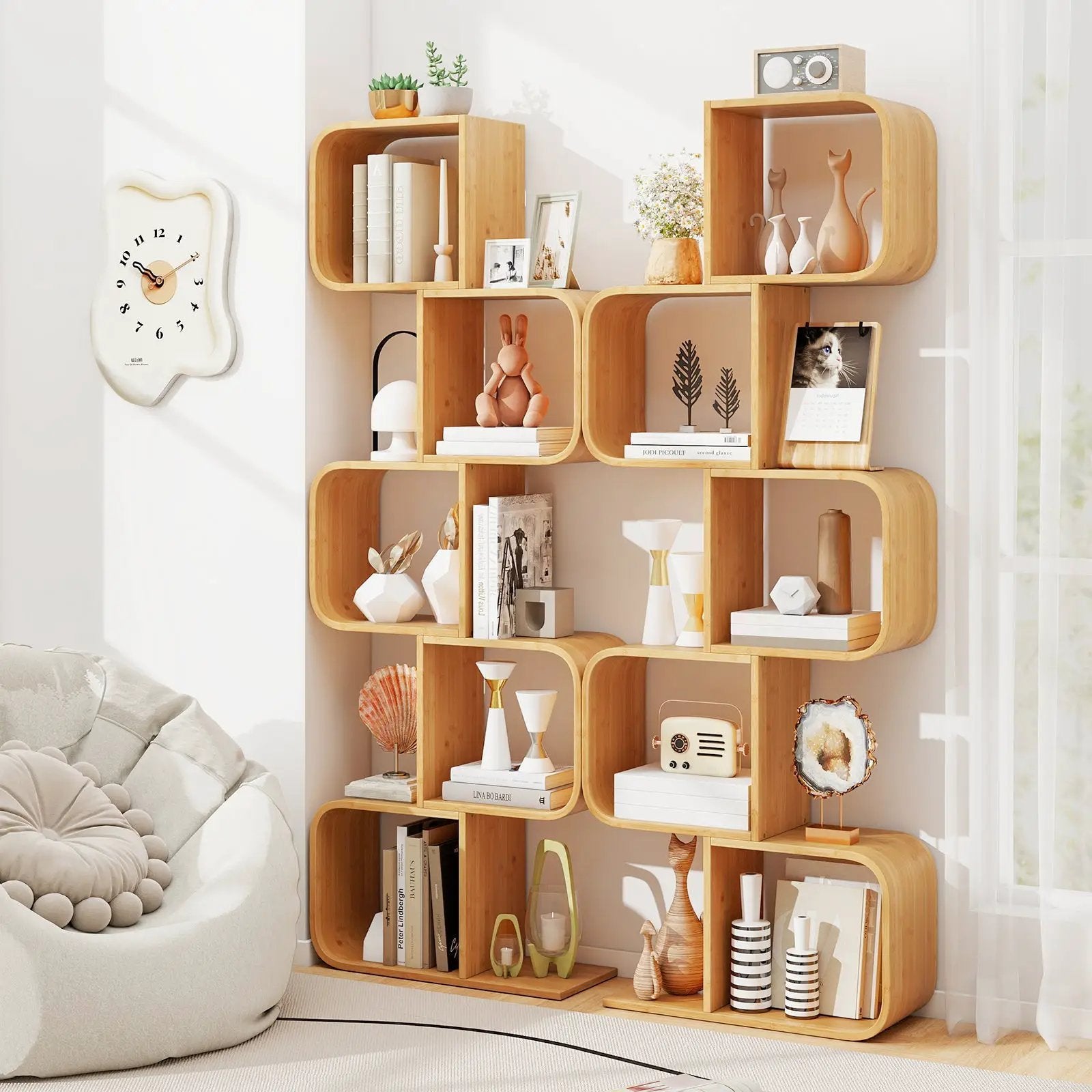 5-Tier S-Shaped Bookcase with 5 Open Cubes for Living Room-Natural by DirectDeals