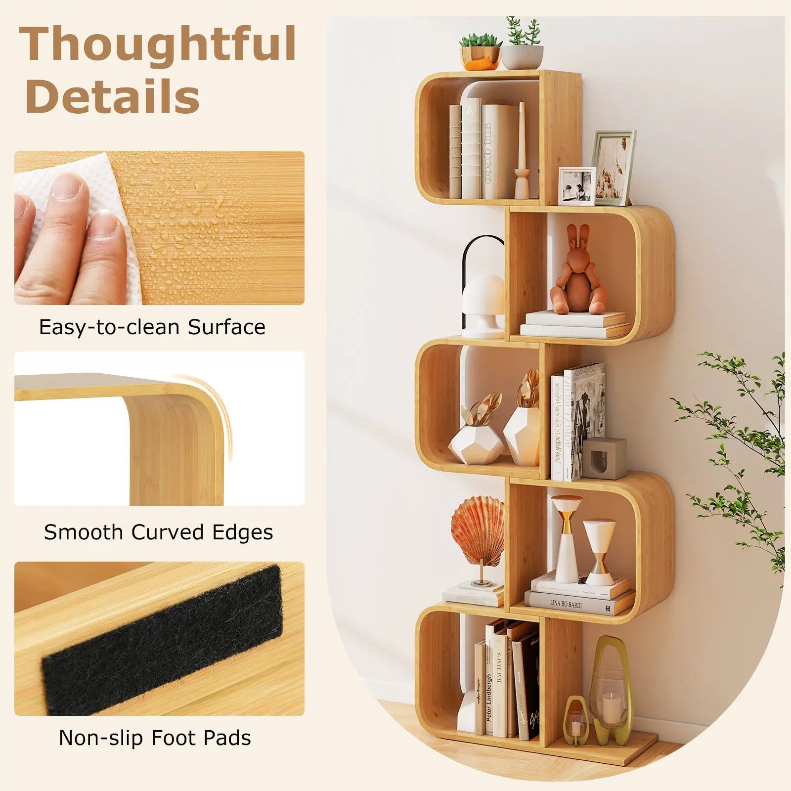 5-Tier S-Shaped Bookcase with 5 Open Cubes for Living Room-Natural by DirectDeals