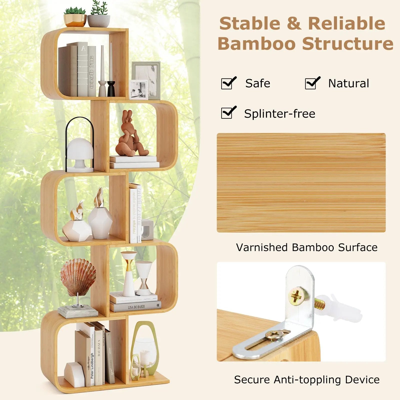 5-Tier S-Shaped Bookcase with 5 Open Cubes for Living Room-Natural by DirectDeals