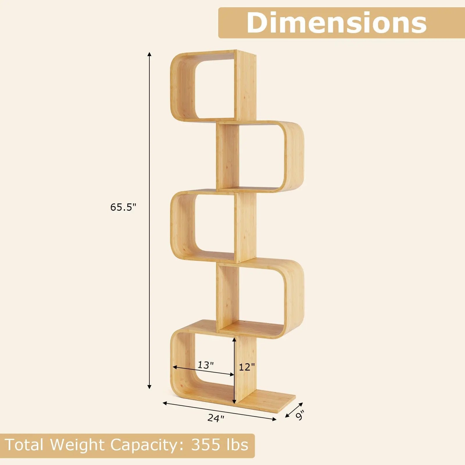 5-Tier S-Shaped Bookcase with 5 Open Cubes for Living Room-Natural by DirectDeals