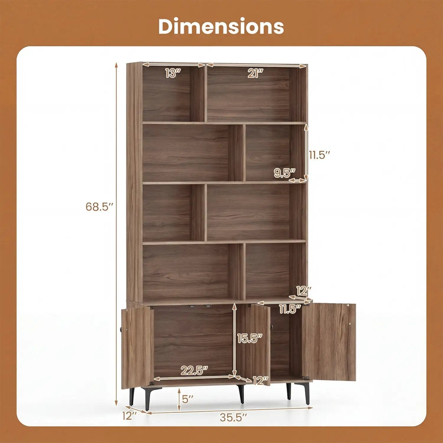 Bookshelf with 3 Doors and 2 Anti-Tipping Kits for Home Office by DirectDeals