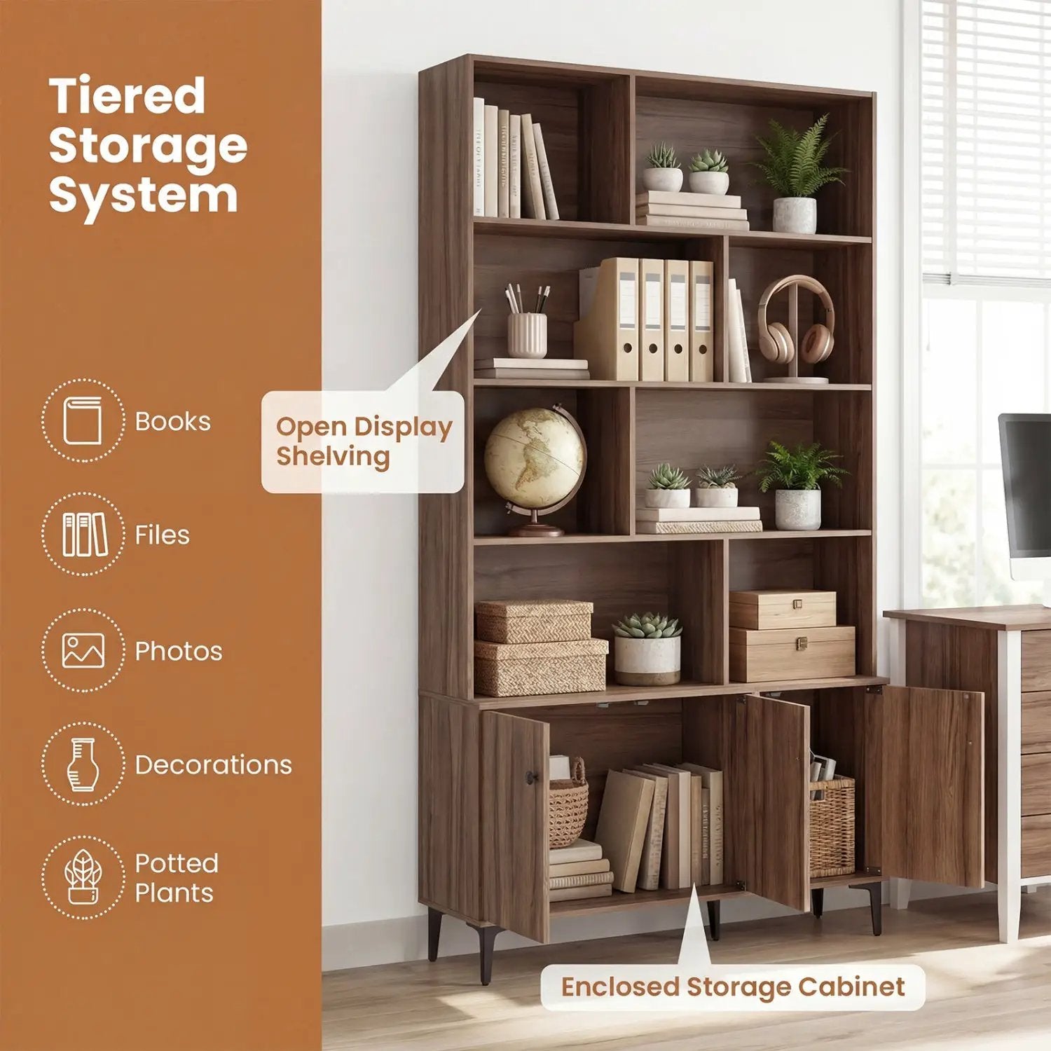 Bookshelf with 3 Doors and 2 Anti-Tipping Kits for Home Office by DirectDeals