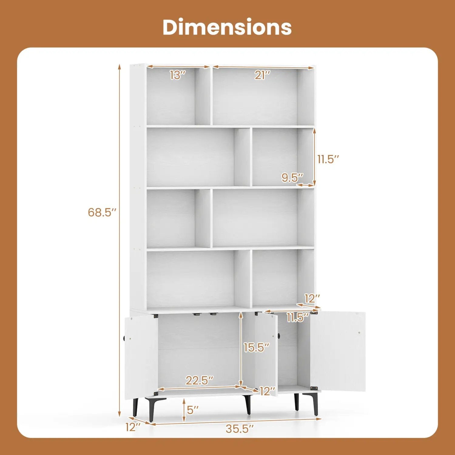 Bookshelf with 3 Doors and 2 Anti-Tipping Kits for Home Office by DirectDeals