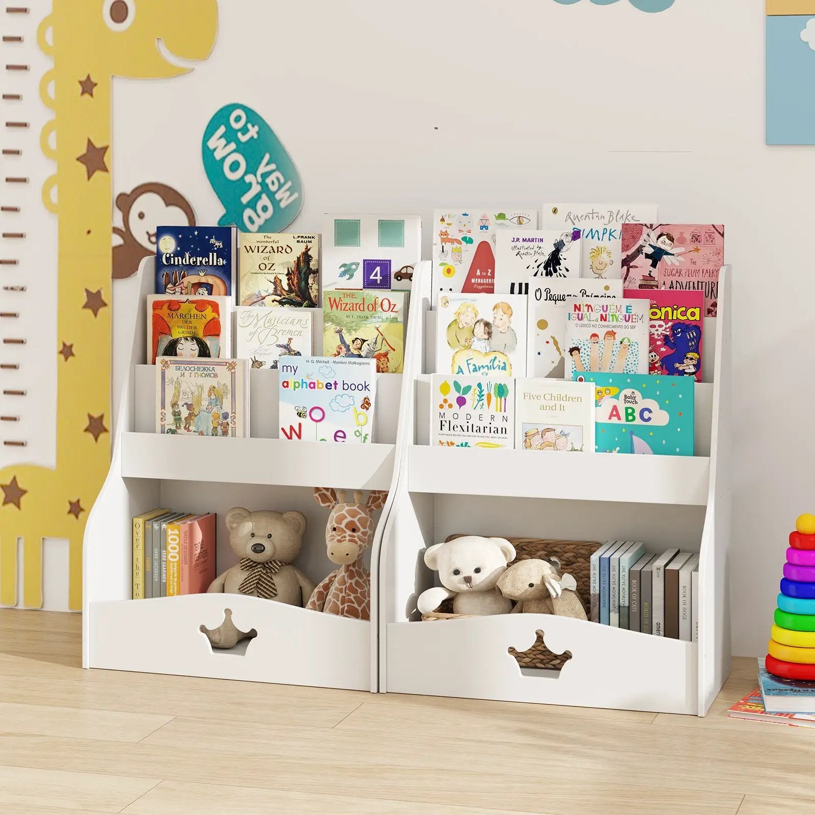 4-Tier Kids Bookshelf with Shelves and Compartment for Toddlers-White by DirectDeals