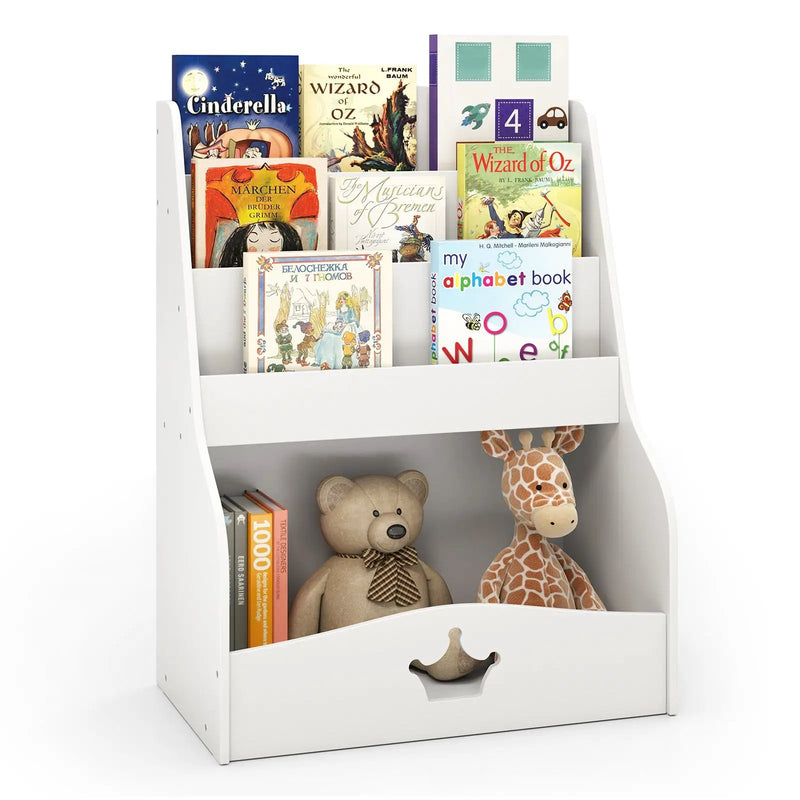 4-Tier Kids Bookshelf with Shelves and Compartment for Toddlers-White by DirectDeals