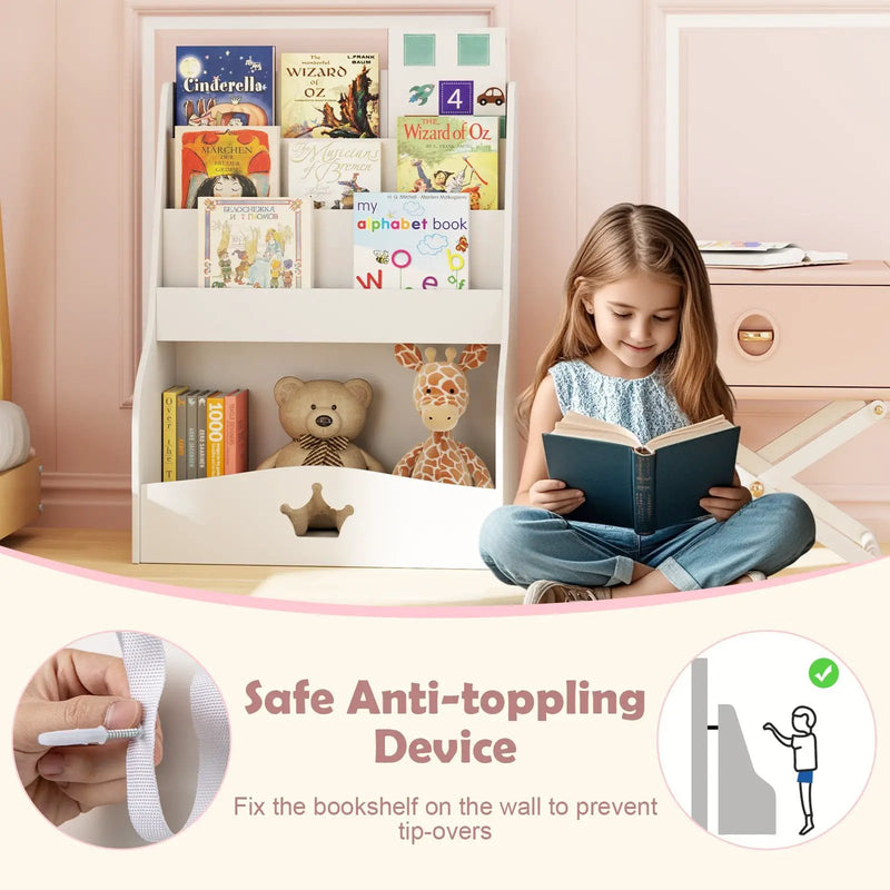 4-Tier Kids Bookshelf with Shelves and Compartment for Toddlers-White by DirectDeals