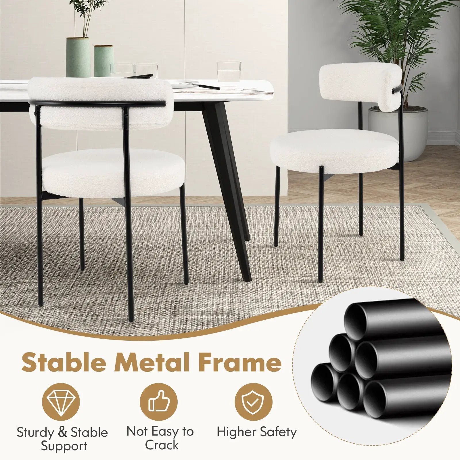 Boucle Dining Chair with Curved Backrest and Metal Legs Set of 4-White by DirectDeals