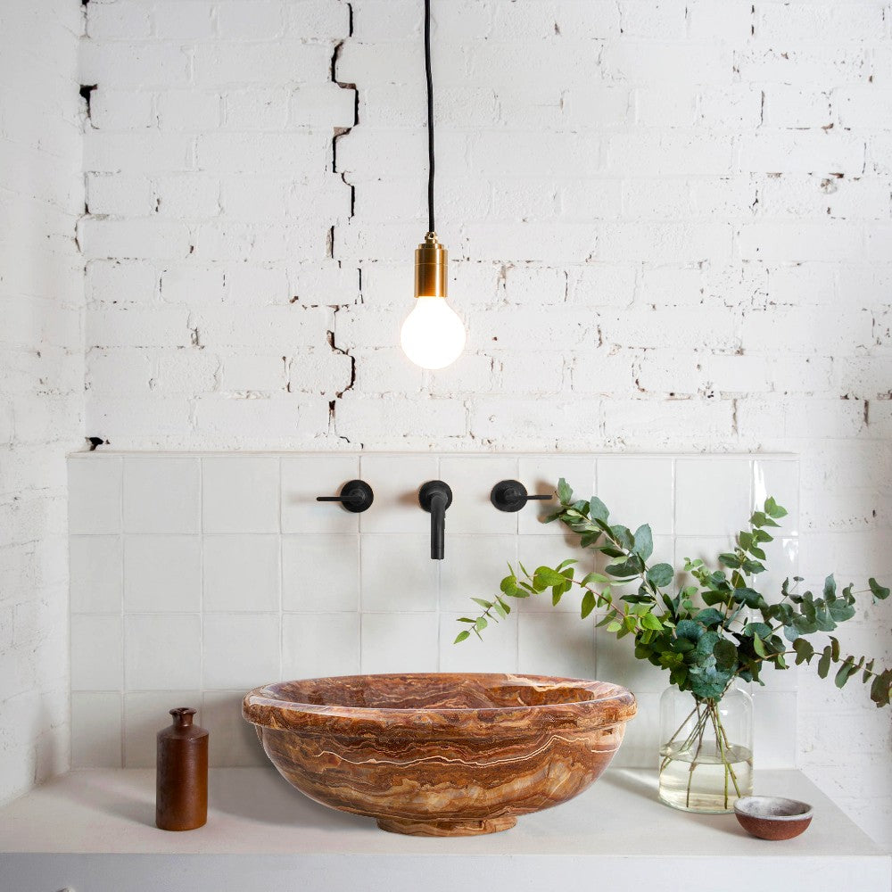 Brown Onyx Translucent Natural Stone Polished Drop-in Vessel Sink 16 x 6 Inch by GobekDesign