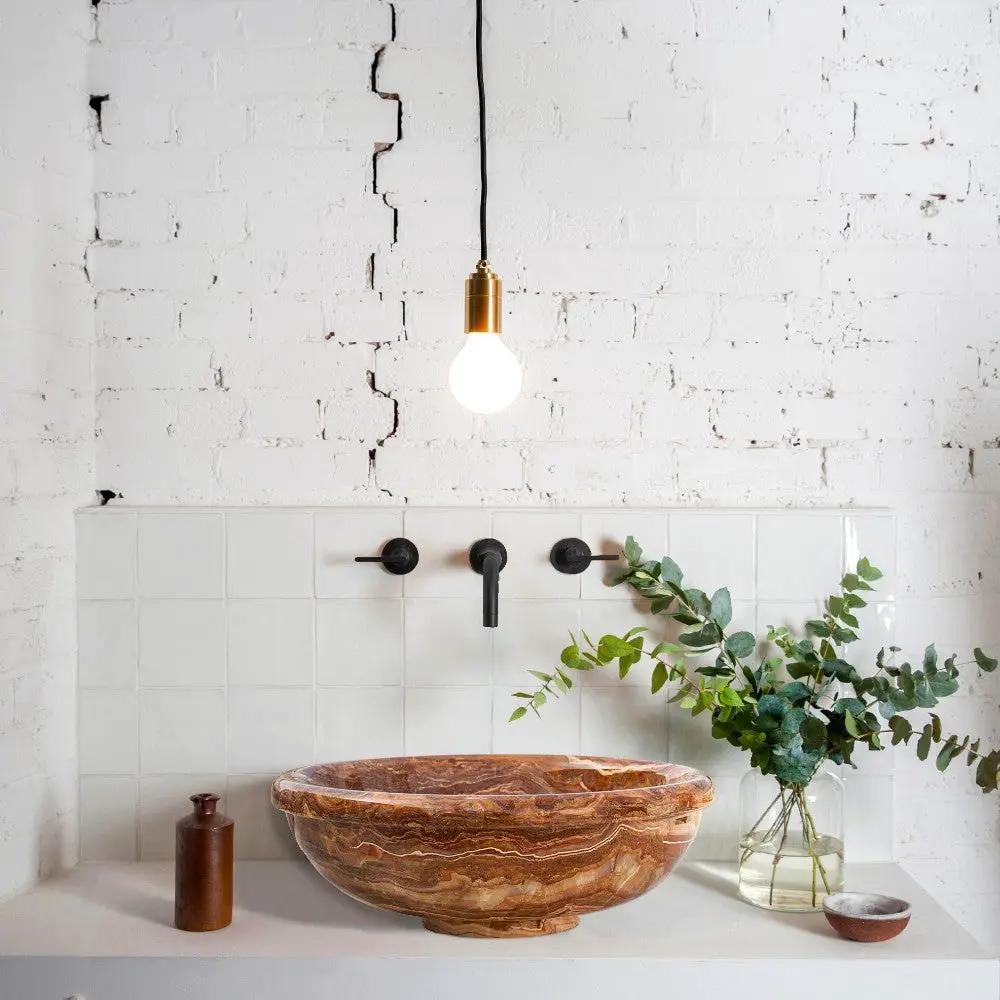 Brown Onyx Translucent Natural Stone Polished Drop-in Vessel Sink 16 x 6 Inch by GobekDesign