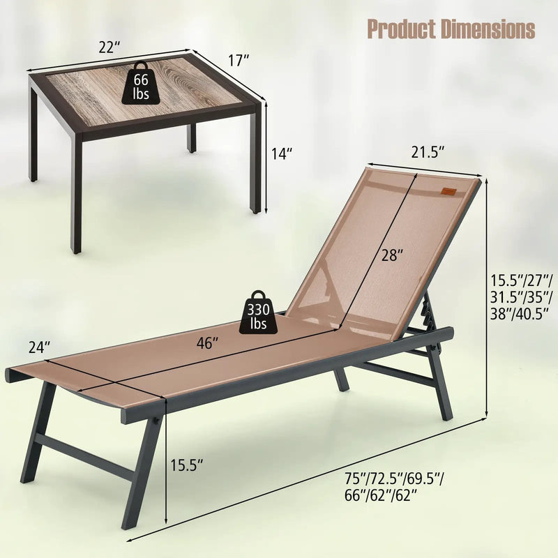 3 Pieces Patio Chaise Lounge Chair and Table Set for Poolside Yard by DirectDeals