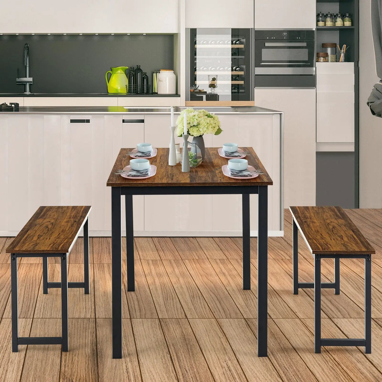 3 Pieces Dining Table Set with 2 Benches for Dining Room Kitchen Bar by DirectDeals