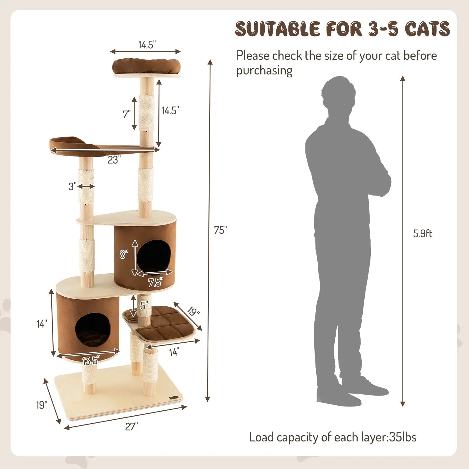 6-Tier Wooden Cat Tree with 2 Removeable Condos Platforms and Perch by DirectDeals