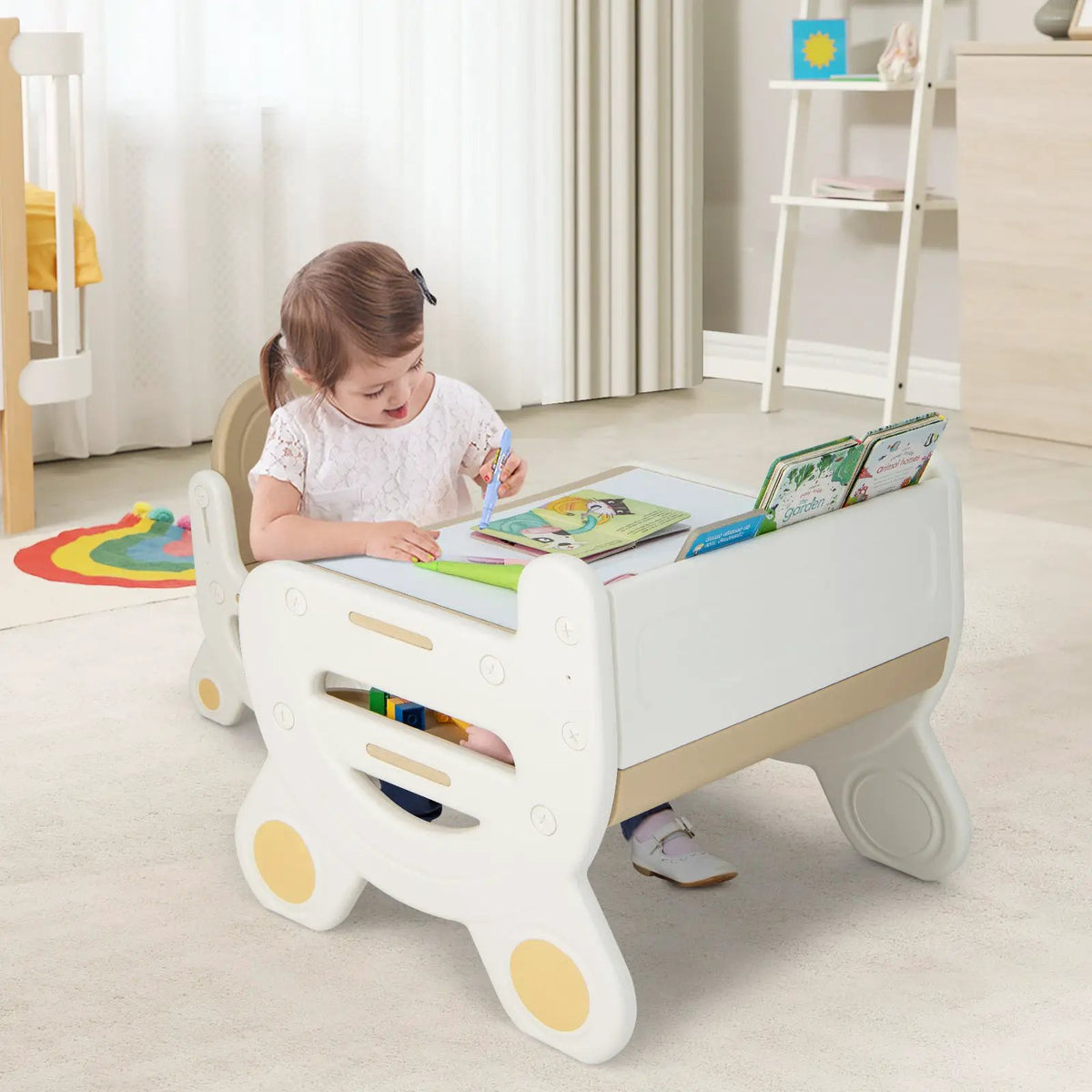 Kids Drawing Table and Chair Set with Watercolor Pens and Blackboard Eraser, dimensions drawing 2