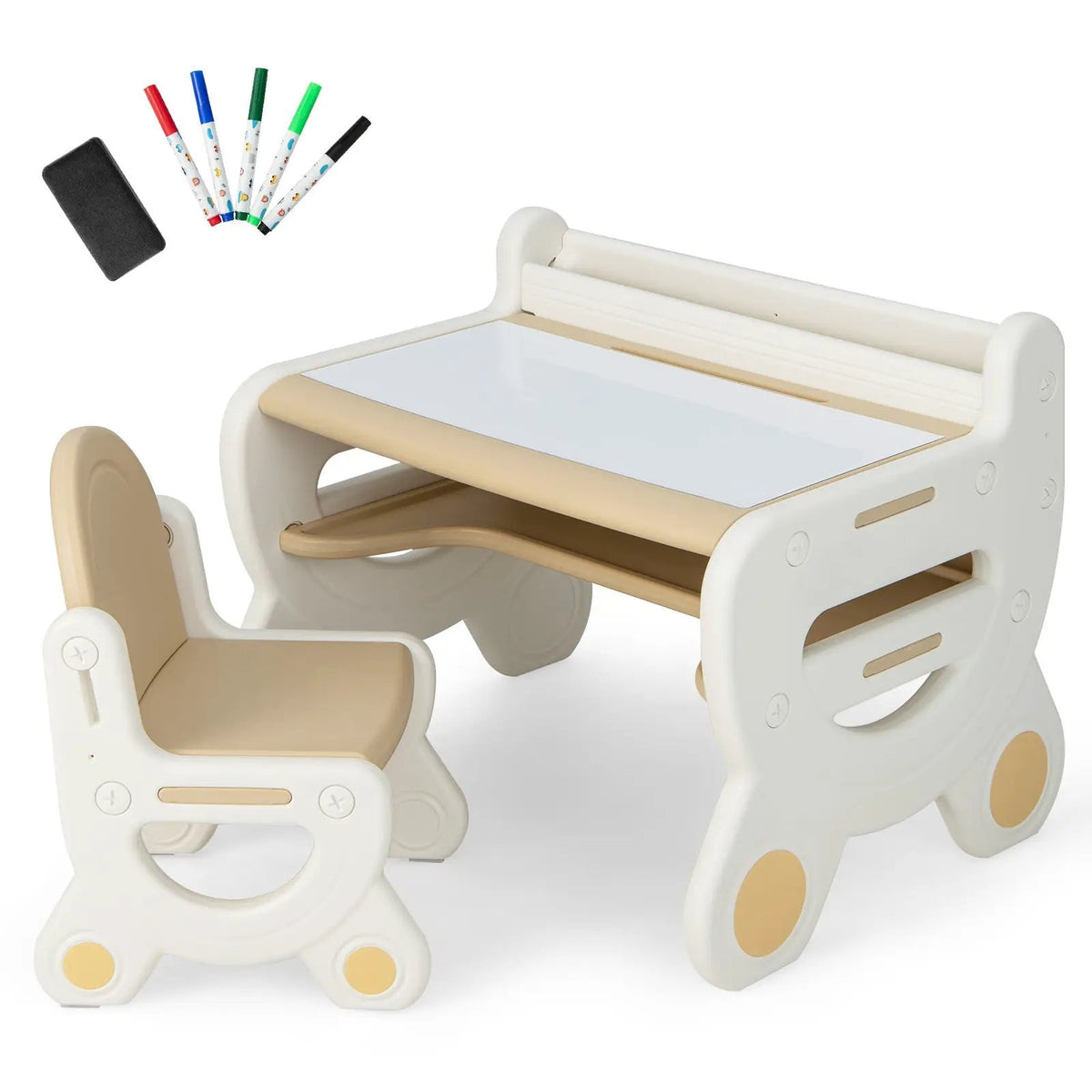 Kids Drawing Table and Chair Set with Watercolor Pens and Blackboard Eraser, dimensions drawing 9