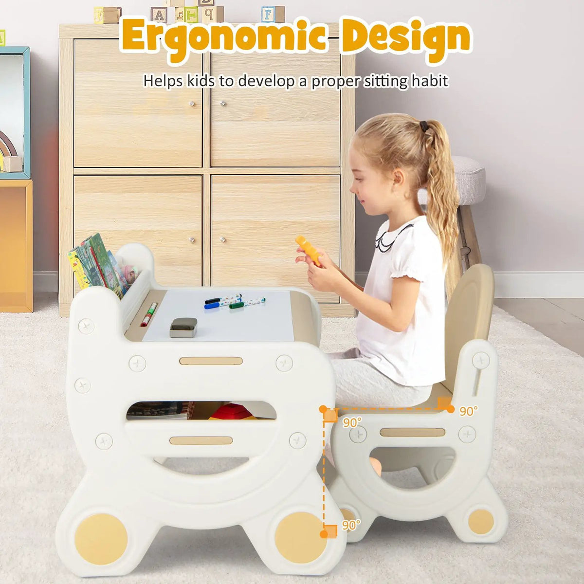 Kids Drawing Table and Chair Set with Watercolor Pens and Blackboard Eraser, dimensions drawing 12