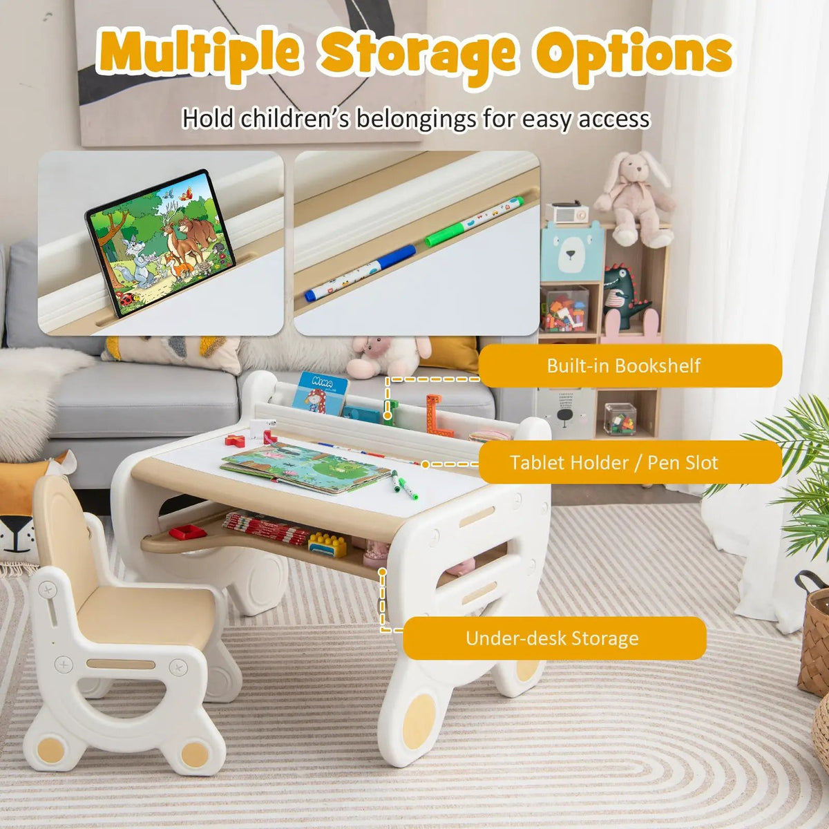 Kids Drawing Table and Chair Set with Watercolor Pens and Blackboard Eraser, dimensions drawing 17
