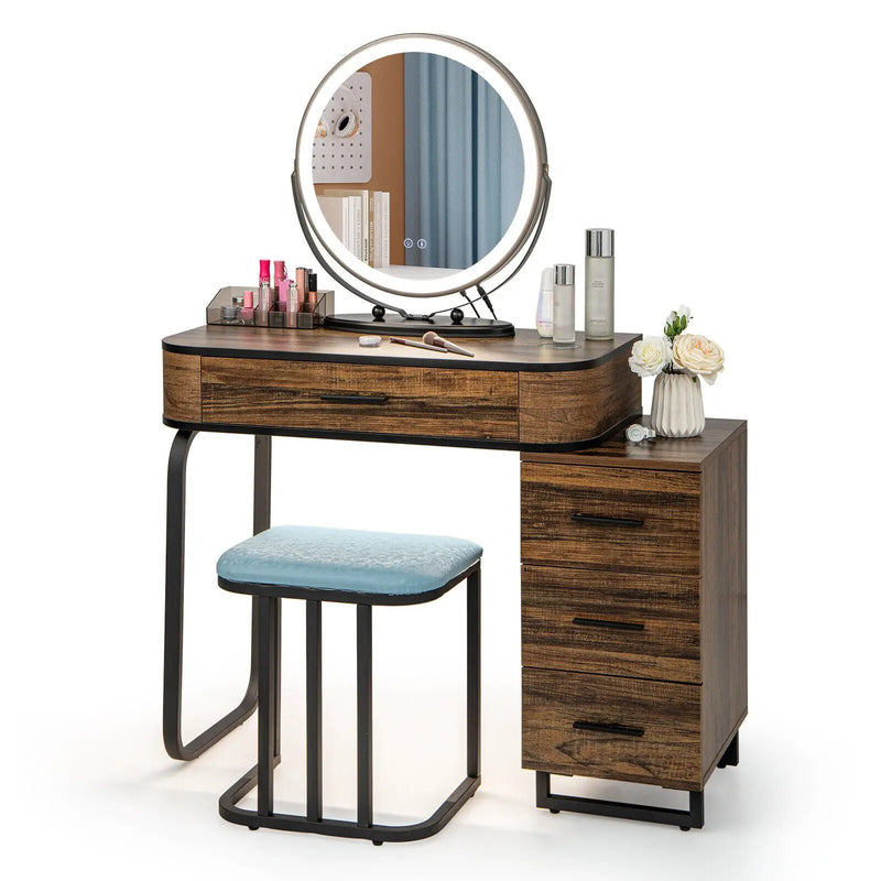 Vanity Table Set with 3-Color Lighted Mirror and Charging Station-Brown by DirectDeals