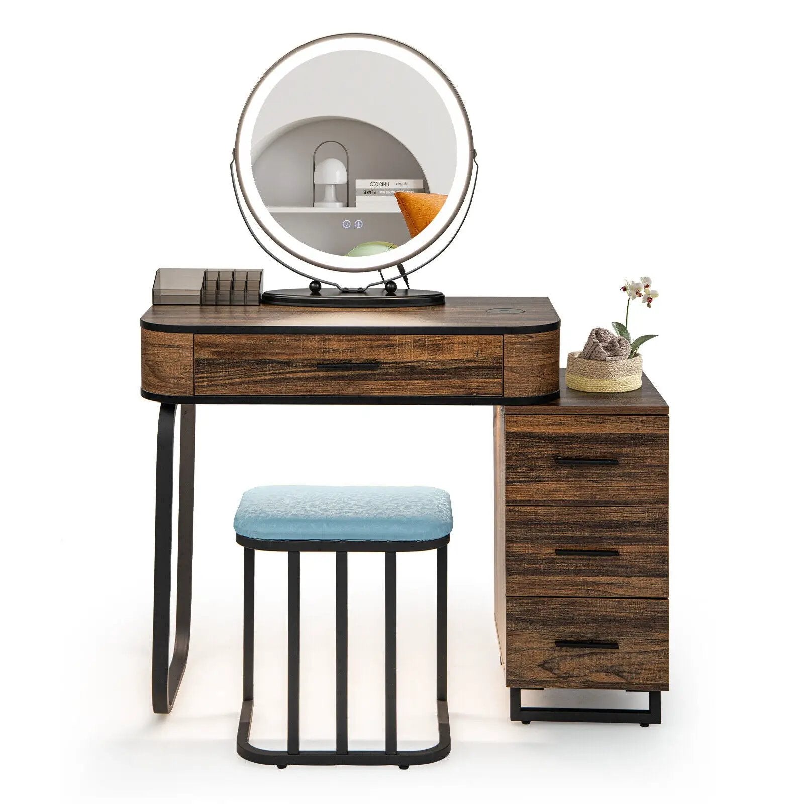 Vanity Table Set with 3-Color Lighted Mirror and Charging Station-Brown by DirectDeals