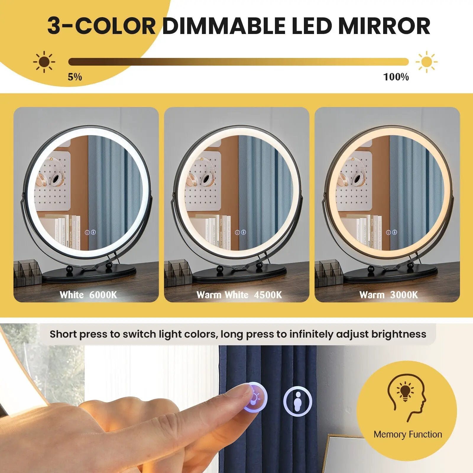 Vanity Table Set with 3-Color Lighted Mirror and Charging Station-Brown by DirectDeals
