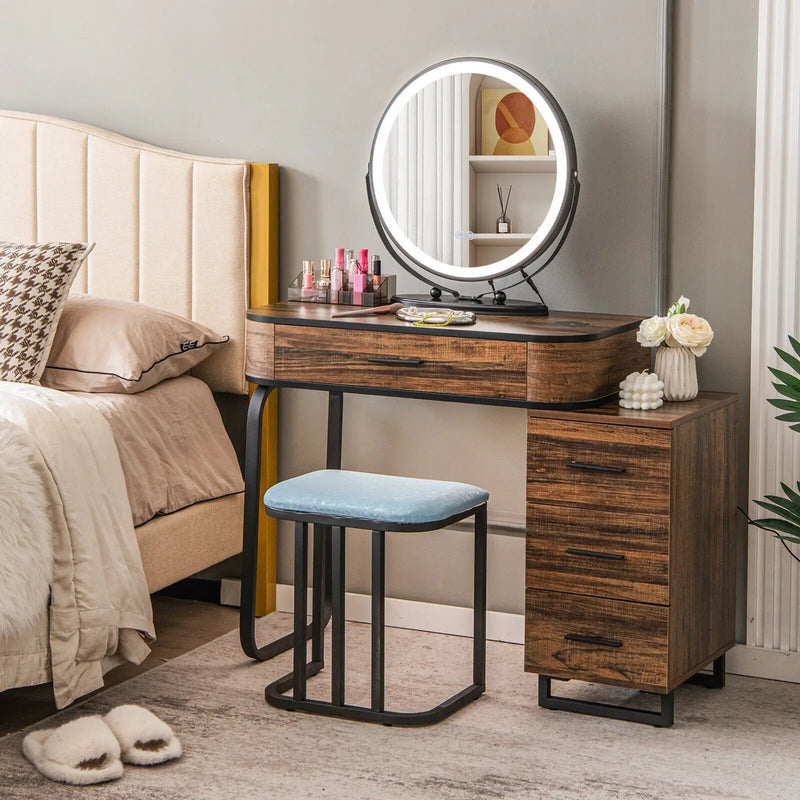 Vanity Table Set with 3-Color Lighted Mirror and Charging Station-Brown by DirectDeals