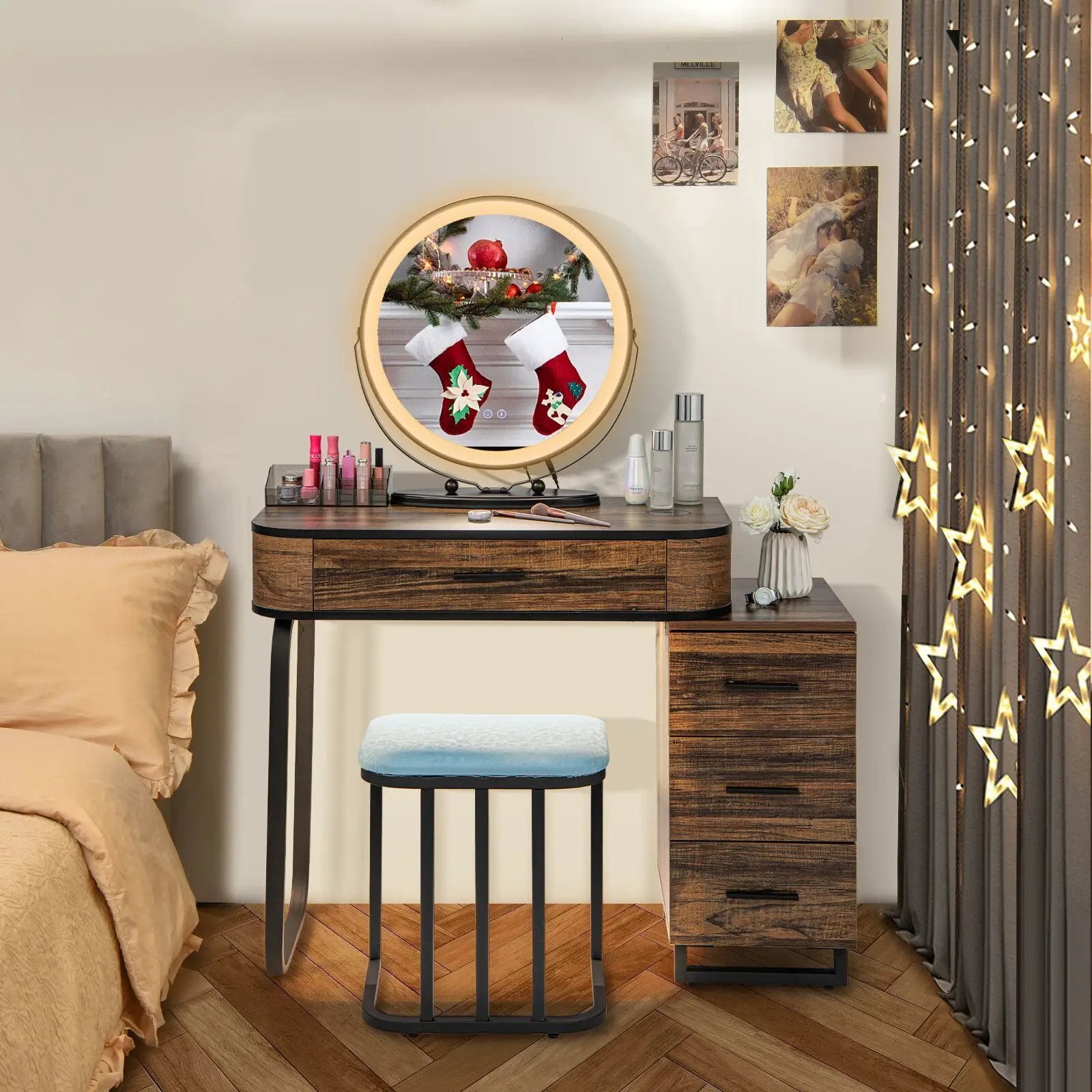 Vanity Table Set with 3-Color Lighted Mirror and Charging Station-Brown by DirectDeals