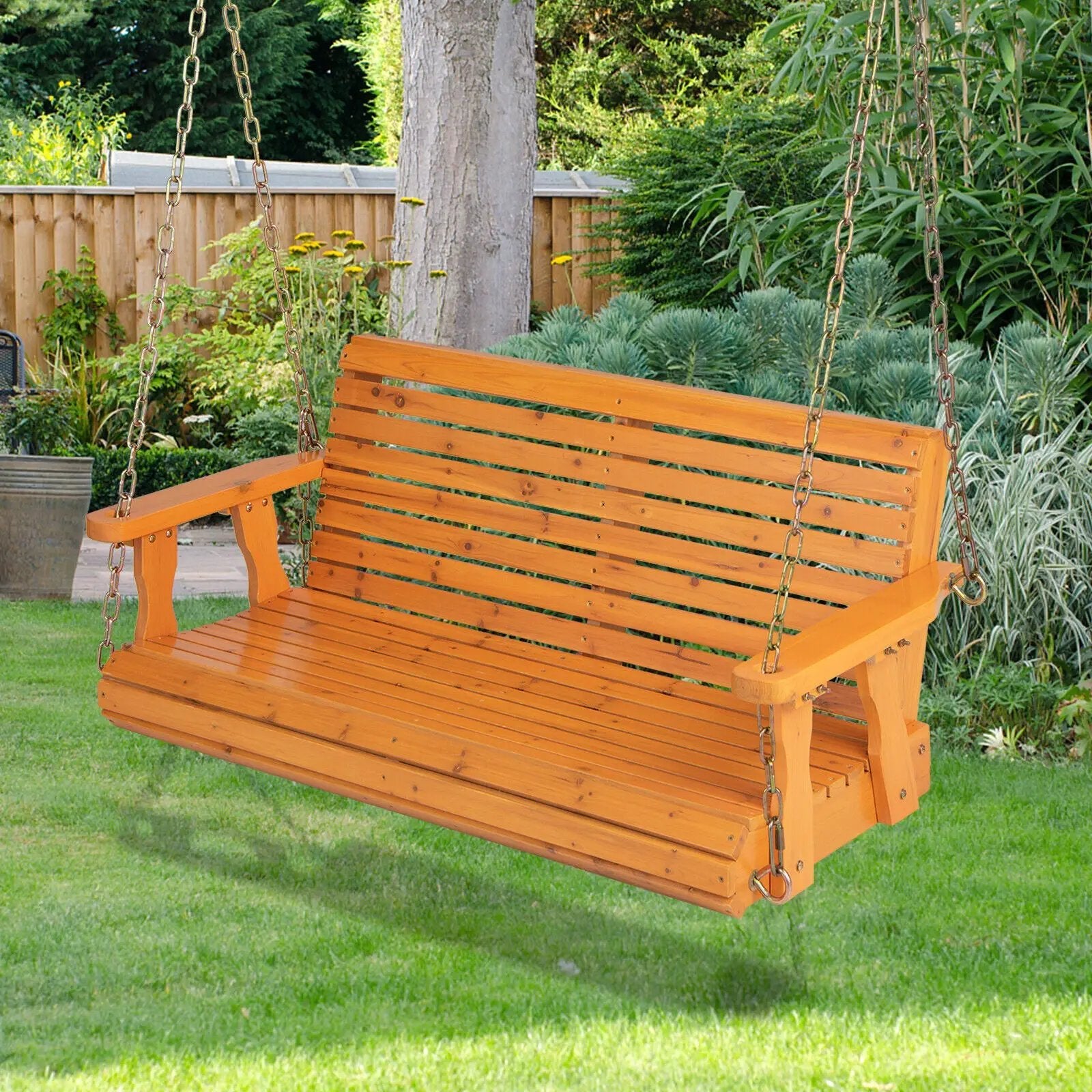 2-Person Wooden Porch Swing with Hanging Chains for Garden Yard by DirectDeals