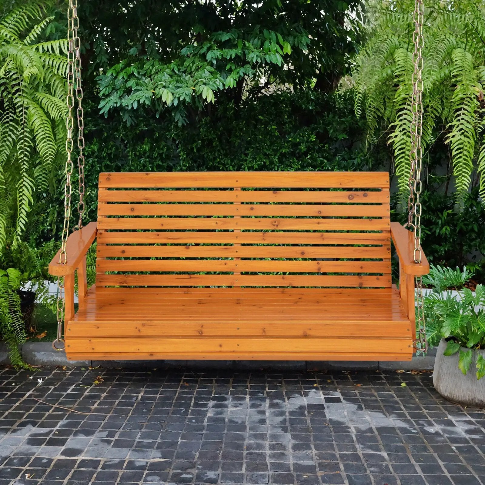 2-Person Wooden Porch Swing with Hanging Chains for Garden Yard by DirectDeals