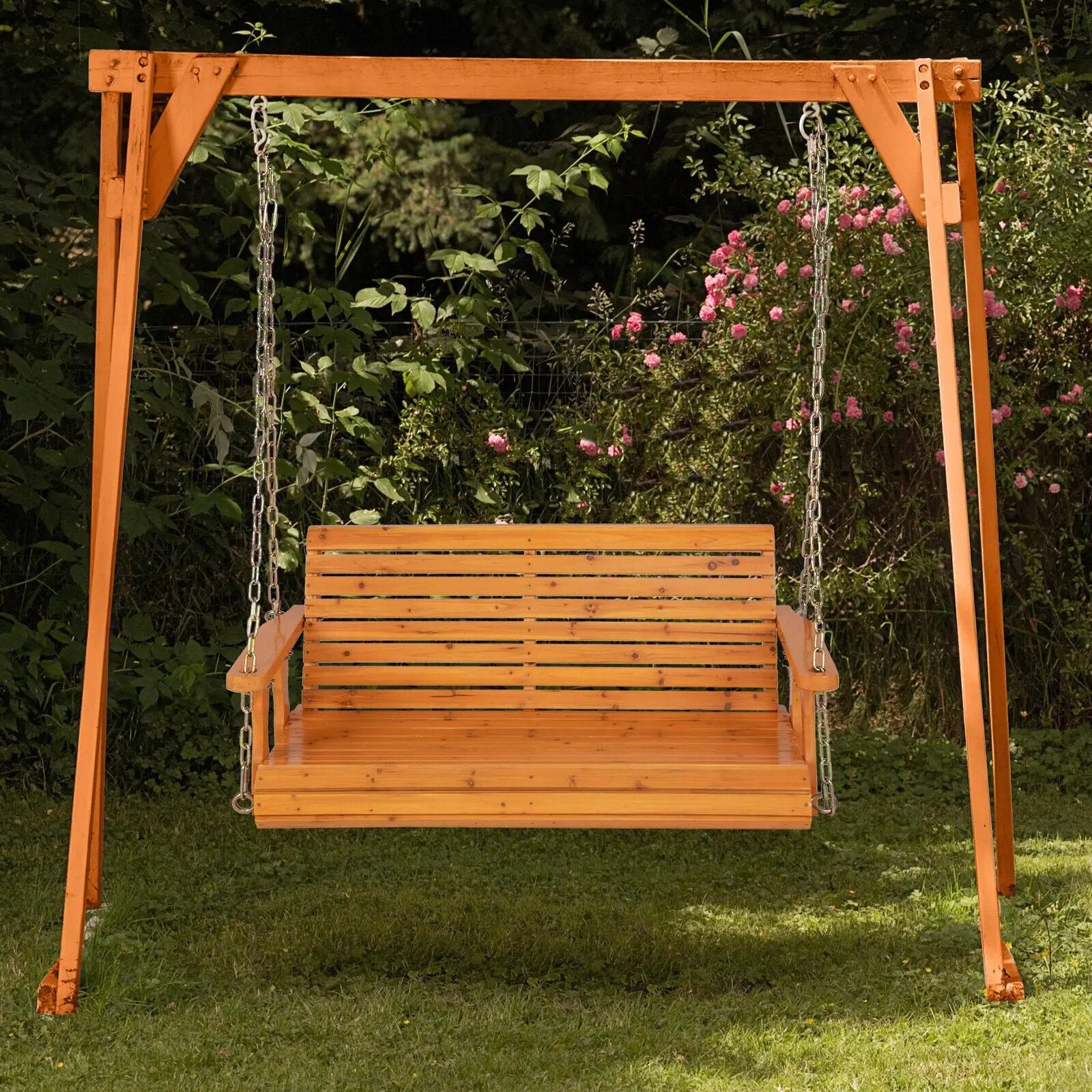 2-Person Wooden Porch Swing with Hanging Chains for Garden Yard by DirectDeals